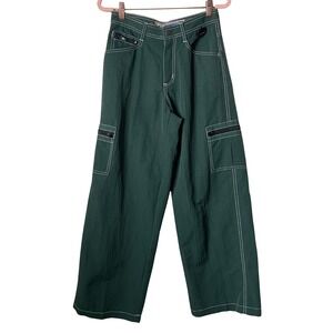 Vintage Y2K Nylon Cargo Rave Wide Leg Contrast Stitch Pants Breakdown Size 3